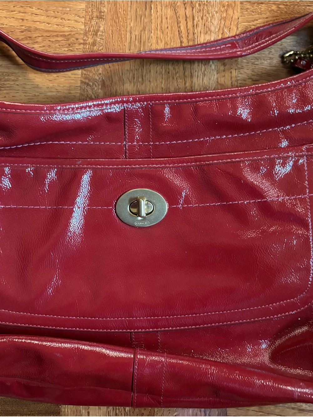 Coach Glossy Red Leather Shoulder Bag with Turnlock